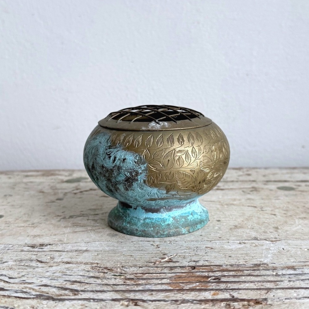 Vintage Etched Brass Rose Bowl Flower Frog Verdigris Patina Leaf Pattern 4in
